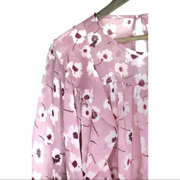 Lucky Brand Mauve Pink Boho Semi Sheer Floral Print Top Ruffle Detailing FLAW - Picture 2 of 11